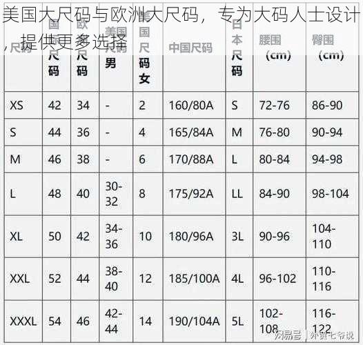 美国大尺码与欧洲大尺码，专为大码人士设计，提供更多选择