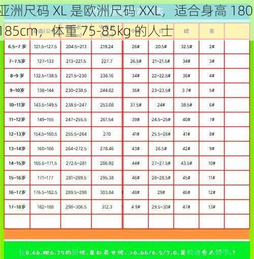 亚洲尺码 XL 是欧洲尺码 XXL，适合身高 180-185cm，体重 75-85kg 的人士