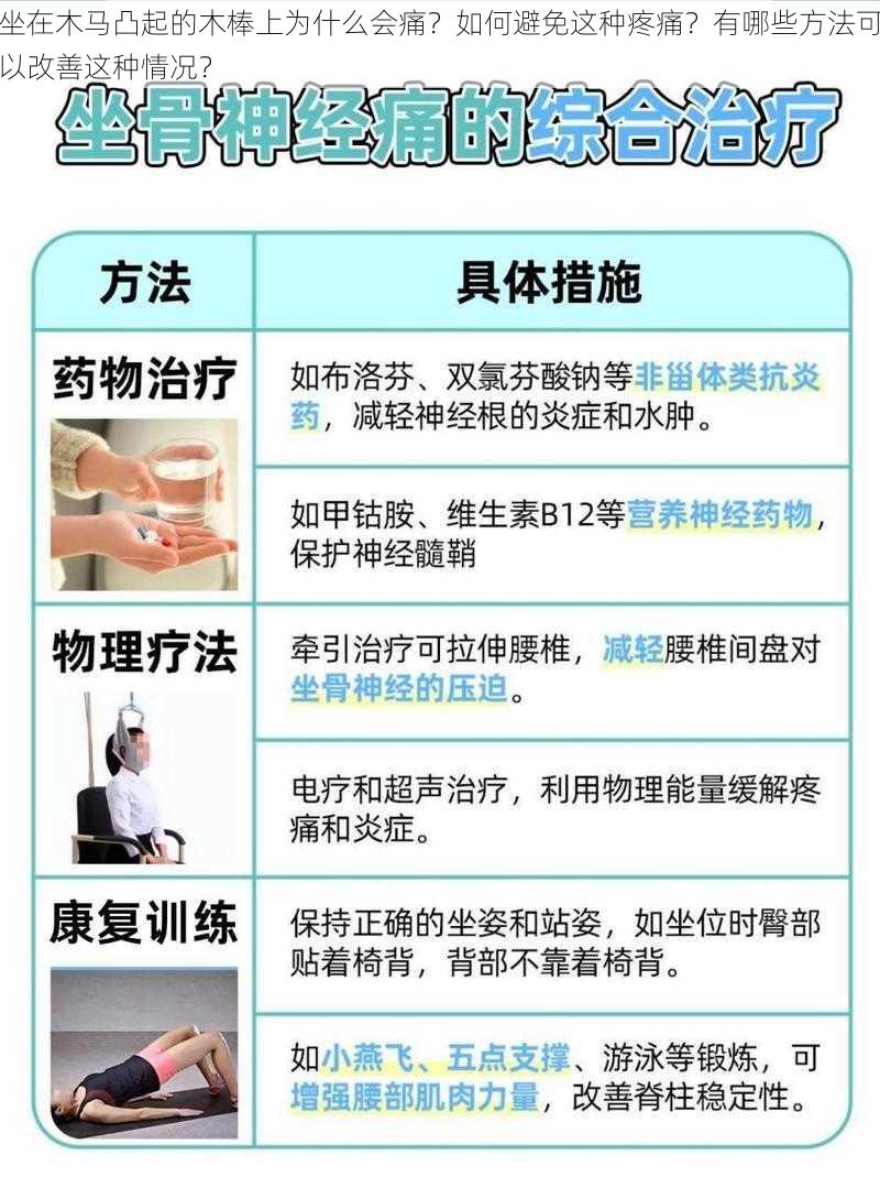 坐在木马凸起的木棒上为什么会痛？如何避免这种疼痛？有哪些方法可以改善这种情况？