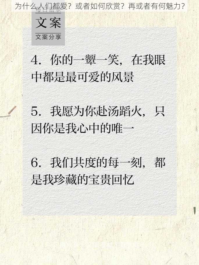 为什么人们都爱？或者如何欣赏？再或者有何魅力？