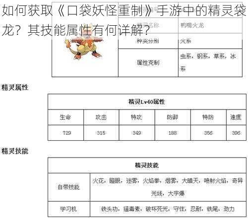 如何获取《口袋妖怪重制》手游中的精灵袋龙？其技能属性有何详解？