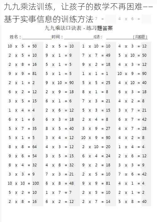 九九乘法训练，让孩子的数学不再困难——基于实事信息的训练方法