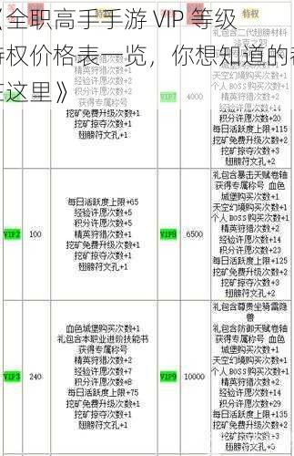 《全职高手手游 VIP 等级特权价格表一览，你想知道的都在这里》